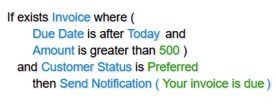 Code Effects rule editor showing the invoice reminder rule as a single sentence
